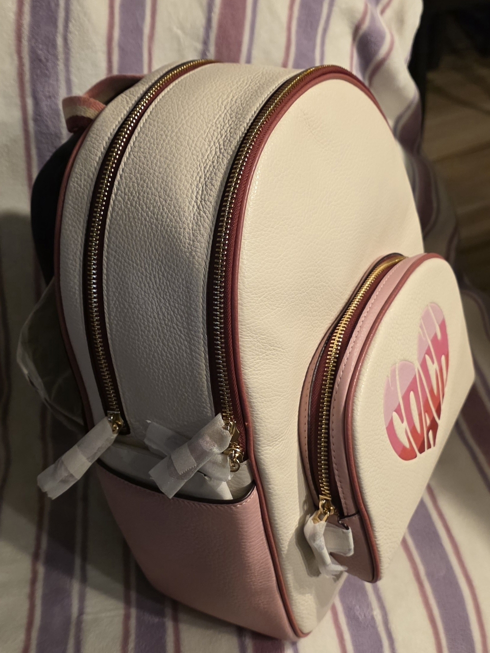 NWT - COACH Pink & White Heart Logo Leather Mini Backpack - Picture 3 of 9